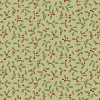 Illustration of a reindeer wearing a red scarf and holly, with a Christmas stocking, mistletoe, and white stars on a green background.