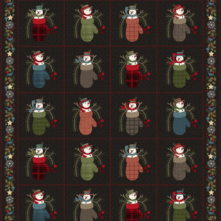 A patterned fabric with repeating squares featuring snowmen in mittens, decorated with branches and berries, bordered by a design with stars and circles.