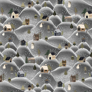 Illustration of hilly, snow-covered landscape with small houses, snowmen, trees, and falling snow on a gray background.