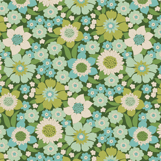 The 15-Brewer Tilda Wallflower Lauren features a seamless floral pattern with green, blue, and cream flowers and leaves on a dark background, evoking classic Tilda elegance.