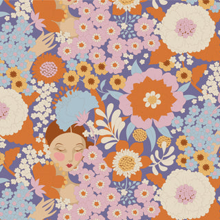 Tilda Wallflower by 15-Brewer features a woman's face amid vibrant orange, pink, purple, blue, and white blooms on a patterned background—ideal for ordering in one yard increments.
