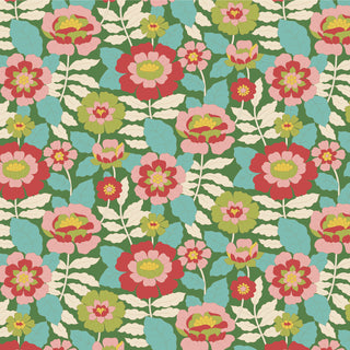 Tilda Wallflower Beverly by 15-Brewer features a seamless floral pattern with red, pink, yellow, and green flowers plus beige and blue leaves on green. Sold by the yard—perfect for quilting or crafts.