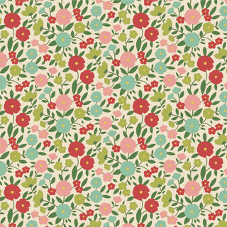 The Tilda Wallflower Janice - Green by 15-Brewer showcases a seamless floral pattern with red, blue, pink, and yellow blooms and green leaves on a light background, inspired by classic Wallflower designs.