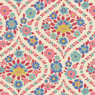 Bright floral pattern with blue, pink, and yellow flowers in diamond shapes on light beige, inspired by Tilda Wallflower Bianca by 15-Brewer.