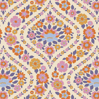 Tilda Wallflower Bianca by 15-Brewer features a delicate repeating floral pattern with pink, orange, lavender, and blue flowers in diamond shapes on a cream background.