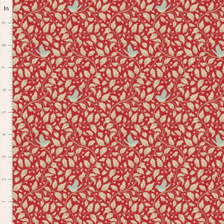 Tilda Merry Little Christmas 100621 Holly Red Fabric by Tilda features a red and beige floral pattern with leaves and small blue birds, reminiscent of vintage designs; inch ruler on left shows scale.