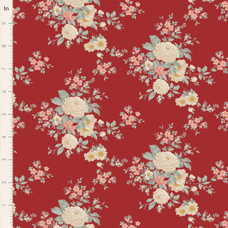 Tilda Merry Little Christmas 100622 Carol Burgundy Fabric by Fabric by Tilda features red fabric with white and pink floral bouquets and green leaves. A ruler shows the scale in inches—ideal for festive holiday projects.