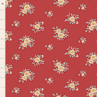 Tilda Merry Little Christmas 100624 Joy Red Fabric by Tilda features red fabric with small white and yellow flowers, a subtle dotted pattern, and a ruler on the left in inches—perfect for adding festive charm to your holiday projects.