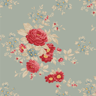 Tilda Merry Little Christmas 100627 Carol Duckegg Fabric by Fabric by Tilda features a seamless vintage-style floral pattern with large red and yellow flowers, small blue blossoms, all set against a muted green background.