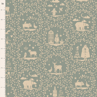 Tilda Merry Little Christmas 100629 Paperscenes Duckegg Fabric by Fabric by Tilda features seamless wallpaper-style circular frames with bears, deer, people, houses & foliage in beige on muted green; vintage Christmas charm shown with inch ruler for scale.