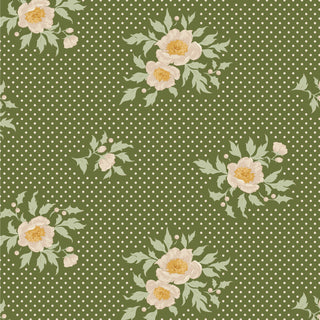 Vintage-inspired seamless pattern of pink and yellow flowers with green leaves on olive green, dotted with small white polka dots. Design from Tilda Merry Little Christmas 100634 Joy Pine Fabric by Fabric by Tilda.