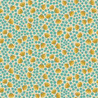 Tilda Wallflower Bellflower by 15-Brewer features yellow-gold blooms and green leaves on winding stems over a turquoise blue and white spotted background. Dense, repeating design. Sold by the yard.