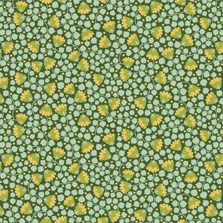The Tilda Wallflower Bellflower by 15-Brewer features a seamless yellow floral and green leaf pattern on light green with circular accents, ideal for Tilda projects. Available by the yard.