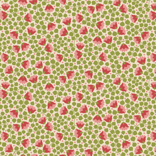 Tilda Wallflower Bellflower by 15-Brewer features a seamless red floral pattern with green leaves and vines on light beige, ideal for Tilda-inspired projects. Available by the yard.