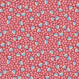 The 15-Brewer Tilda Wallflower Bellflower features a seamless blue and white floral pattern with yellow dots on a pink and red background with small shapes and vines, available by the yard.