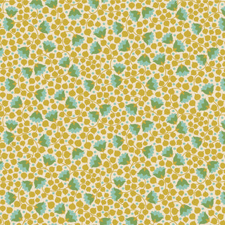 Tilda Wallflower Bellflower by 15-Brewer features yellow dots with green and teal leaves on a light background—perfect for Tilda projects. Sold in one yard increments.