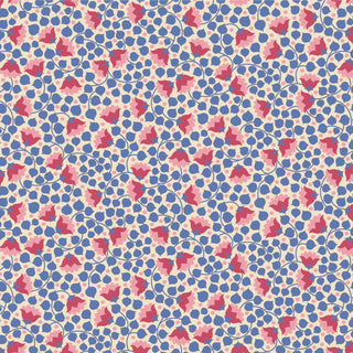 Tilda Wallflower Bellflower by 15-Brewer features blue dots with red and pink leaves on winding stems over a pale background in a dense, repeating botanical design. Sold in one yard increments.