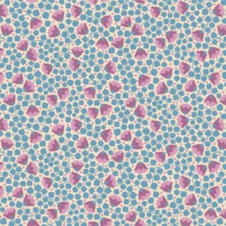 Tilda Wallflower Bellflower by 15-Brewer features blue dots with pink and purple stylized flowers on a light background, connected by green stems. Ideal for wallflower projects and sold in one-yard increments.