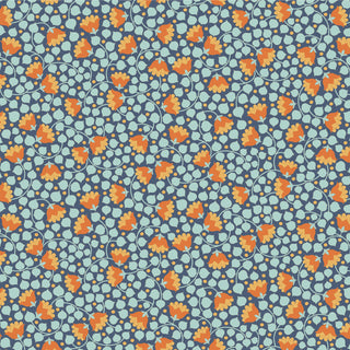 Tilda Wallflower Bellflower by 15-Brewer features small blue and white shapes with orange wallflowers on a dark blue background. Sold by the yard.