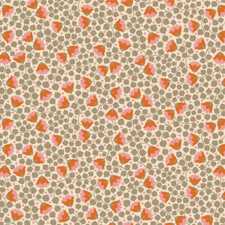 Tilda Wallflower Bellflower by 15-Brewer features brown abstract dots, orange-red leaves, and thin branches on a beige background. Inspired by Tilda’s style. Available in one yard increments.
