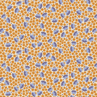Tilda Wallflower Bellflower by 15-Brewer features orange dots and blue flowers on thin branches over a white background. Ideal for wallflower-themed projects. Sold by the yard.