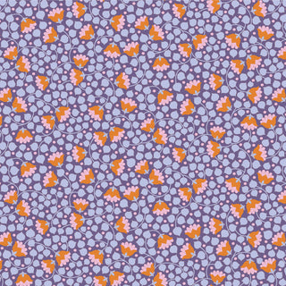 The Tilda Wallflower Bellflower by 15-Brewer features small orange and pink flowers with purple leaves on a light violet and lavender background, available by the yard.