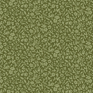 The Tilda Merry Little Christmas 110144 Blender Eve Pine Fabric by Fabric by Tilda features a seamless green floral pattern with small light green leaves and flowers on a dark green background, inspired by vintage designs.
