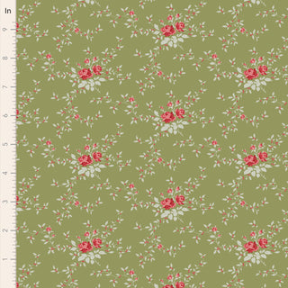 Tilda Merry Little Christmas 110145 Blender Noel Moss by Fabric by Tilda—green fabric with red and pink roses, green leaves, and an inch ruler on the edge. Ideal for vintage fabric lovers and Tilda Fabrics fans.