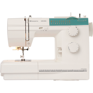 The Husqvarna Viking Emerald 118 sewing machine, in white and teal, features front control dials and multiple stitch options—ideal for a variety of sewing projects.