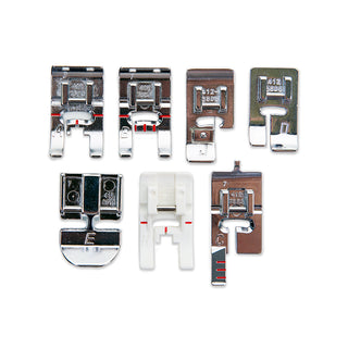 Seven assorted presser feet for the Husqvarna Viking Onyx 15 by 38-SVP - Singer Viking Pfaff are displayed on a white background, featuring metal and plastic parts—ideal for beginners trying new techniques.