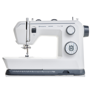 The Husqvarna Viking Onyx 25 by 38-SVP - Singer Viking Pfaff is a white sewing machine with control dials, a built-in ruler on the base, and an automatic one-step buttonhole for easy garment creation.