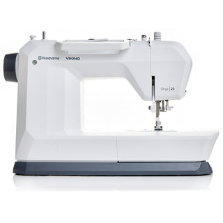 A white Husqvarna Viking Onyx 25 sewing machine by 38-SVP - Singer Viking Pfaff is shown from the side against a plain background, featuring an automatic one-step buttonhole for easy sewing.