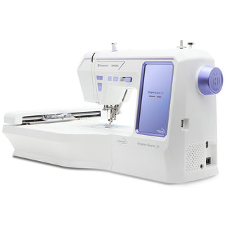 A white Husqvarna Viking Designer Quartz 29 sewing and embroidery machine by 38-SVP - Singer Viking Pfaff, with digital display, multiple buttons, built-in embroidery designs, and branded logo.