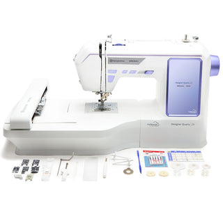 The 38-SVP - Singer Viking Pfaff Husqvarna Viking Designer Quartz 29 sewing and embroidery machine in white and purple includes presser feet, bobbins, tools, a manual, and built-in embroidery designs, all neatly arranged in front.