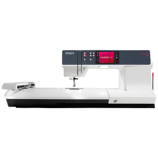 The PFAFF Creative 3.0 embroidery machine features a color touch screen, creative stitch creator, and multiple control buttons for an advanced sewing experience.