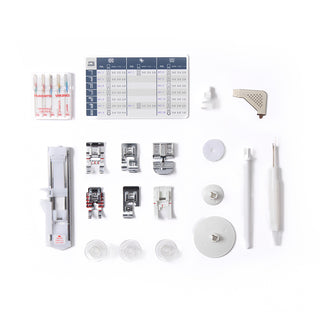 The Imagine Sewing & Vacuum accessory kit for the Husqvarna Viking Onyx 30 includes presser feet, needles, stitch guide, bobbins, screwdriver, brush, and more—ideal for computerized machines with 150+ stitches.