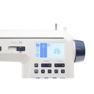 Close-up of the Husqvarna Viking Onyx 30 by Imagine Sewing & Vacuum, featuring a control panel with 150+ stitches, buttons, and a digital display showing numbers and icons.