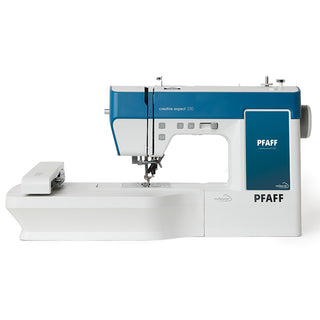 The Imagine Sewing & Vacuum Pfaff Creative Expect 350 boasts a blue and white design, extended work surface, control panel, advanced embroidery features, and mySewnet connectivity for convenience.