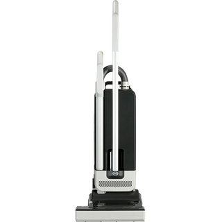 The 27-Sebo Sebo 350 Mechanical is an upright vacuum in silver and black with a hose and handle, designed for efficient pet hair pickup.