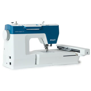 A Pfaff Creative Expect 350 embroidery machine by Imagine Sewing & Vacuum, with a white and blue body, shown from the front right side and featuring mySewnet connectivity.