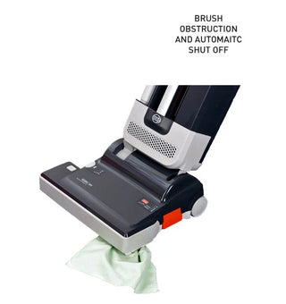 The 27-Sebo Sebo 350 Mechanical commercial upright vacuum displays a cloth in the brush, demonstrating its automatic shut off for safe pet hair pickup when a brush obstruction occurs.