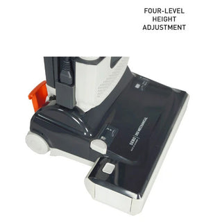 Close-up of the Sebo 350 Mechanical base by 27-Sebo with "FOUR-LEVEL HEIGHT ADJUSTMENT" text, highlighting its wide cleaning path for efficient pet hair pickup.