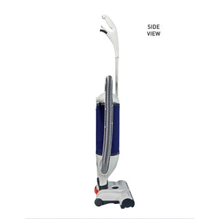 Side view of the SEBO Dart w/ET-1 Power Head (White) vacuum with hose attachment, white handle and base, and S-Class sealed filtration by SEBO.