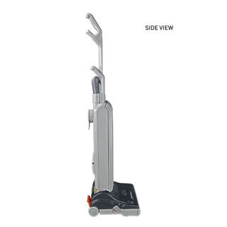 Side view of the Sew & Vac SEBO ESSENTIAL G4, an upright vacuum cleaner featuring a gray color scheme and visible hose attachment, ideal for efficient pet-hair removal.