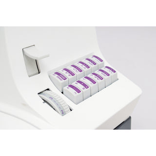 Close-up of a white PFAFF Pfaff Select 4.2 sewing machine with numbered purple buttons and a gray lever, featuring the Easy Select System.