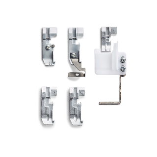 Five presser feet and a metal guide for the Husqvarna Viking Amber Air S400 Overlock Machine by Husqvarna Viking, neatly displayed on a white background.