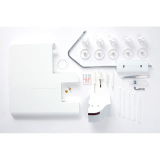 Various white and metal components, including attachments, screws, and accessories for the Husqvarna Viking Amber Air S500 by Imagine Sewing & Vacuum, are arranged neatly on a white background.