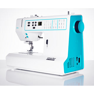 The PFAFF Smarter By Pfaff 260c is a computerized sewing machine in white and teal, featuring a digital display, control buttons, and multiple stitch pattern options.