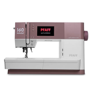 Front view of the Sew & Vac Pfaff Quilt Ambition 635 in white and pink, featuring a digital display—ideal for quilting enthusiasts.