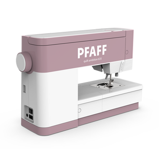 The Sew & Vac Pfaff Quilt Ambition 635 quilting machine, in pink and white, is shown from a three-quarter angle, emphasizing its modern design and digital interface.